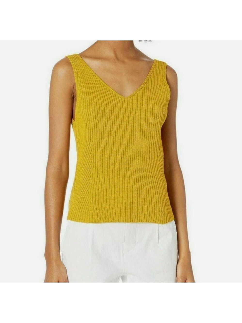 LOFT Sweater v-neck tank top yellow viscose blend Sz Large Petite